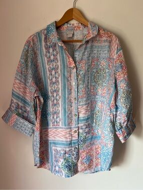 Chico's Non-Iron Linen Soft Teal & Coral Patchwork Print Shirt Spring Coastal